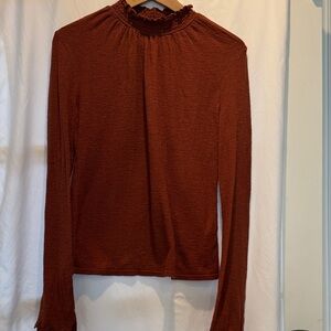 Madewell‎ Rust Orange Mock Neck Long Sleeve Top Ruffle Trim Textured Blouse - S